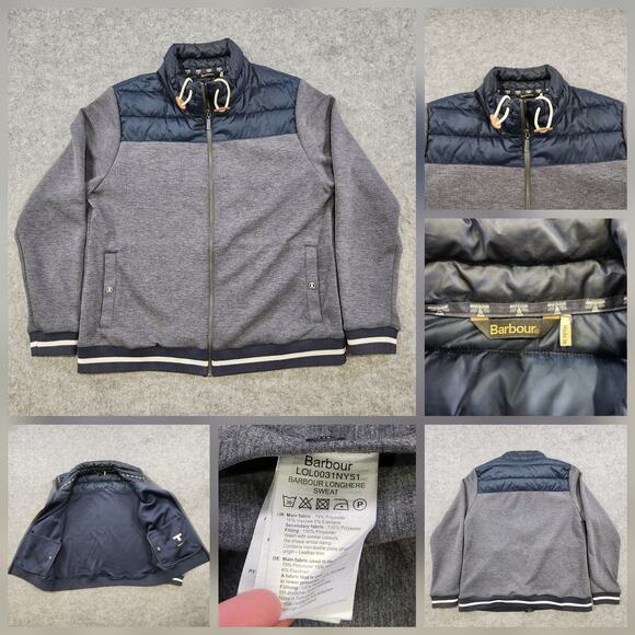 Barbour Jacket Mens Large Blue Gray Longhere Sweat Full Zip Fibre Down Puffer - Picture 1 of 15